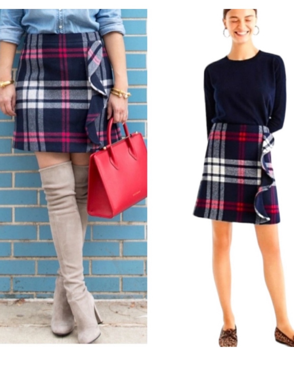 J.CREW Red/Navy/White Double-Serge Wool Ruffle Mini Skirt SZ 6 NWT Dark Academia